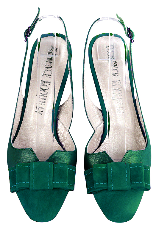 Emerald green women's open back shoes, with a knot. Round toe. High slim heel. Top view - Florence KOOIJMAN